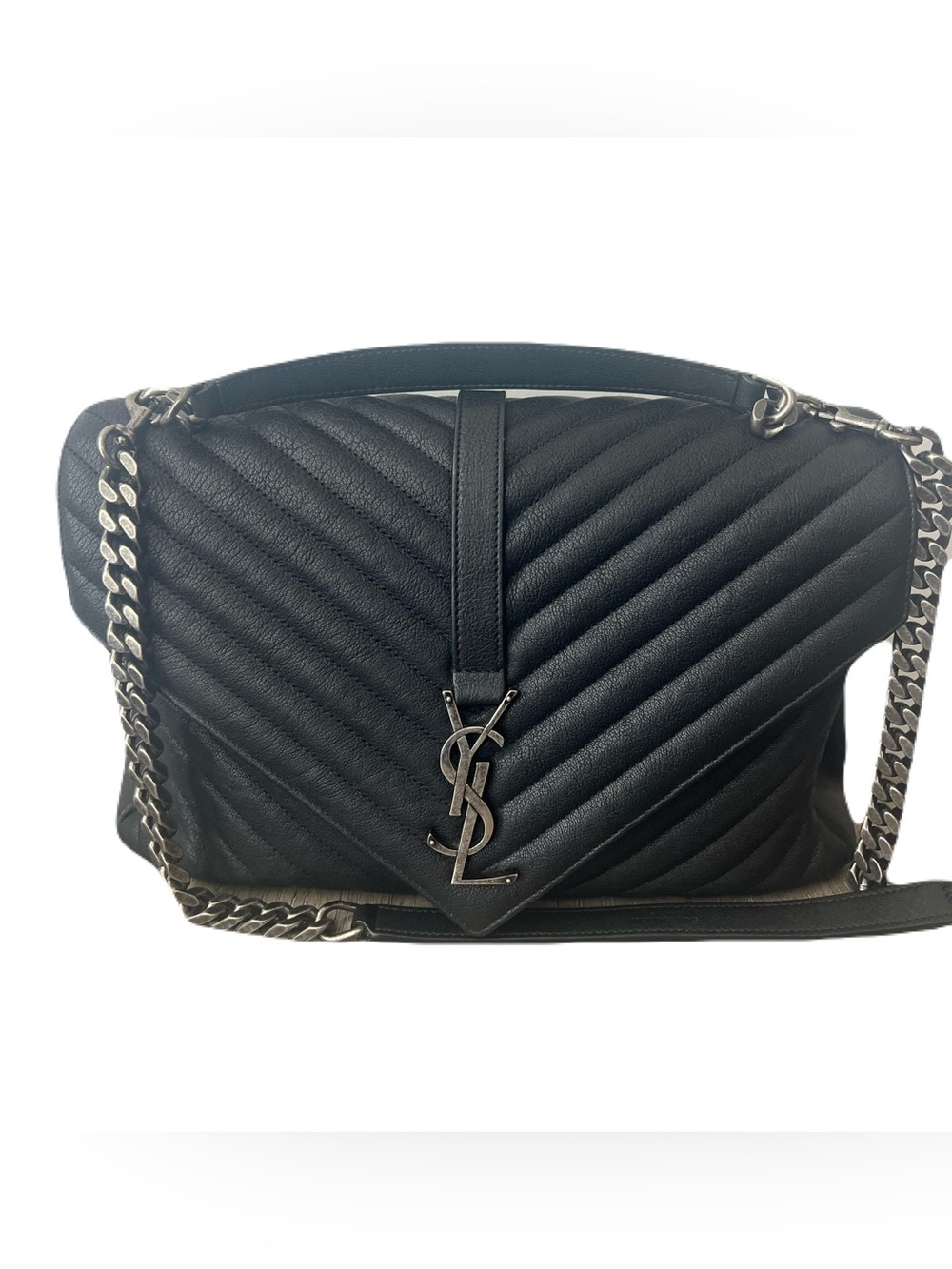 Saint Laurent Black Quilted College Gunmetal Chain Shoulder Bag Large Size